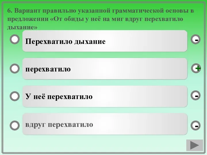 6. Вариант правильно указанной грамматической основы в предложении «От обиды