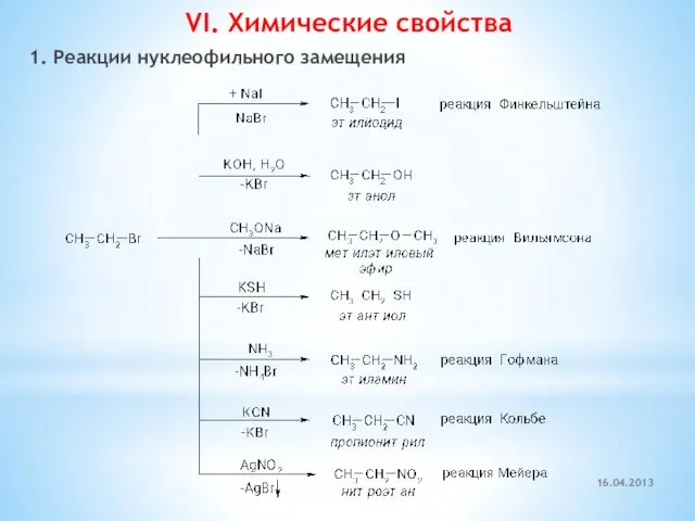 VI. Химические свойства 1. Реакции нуклеофильного замещения 16.04.2013