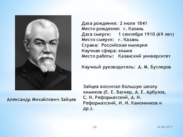 16.04.2013 Дата рождения: 2 июля 1841 Место рождения: г. Казань