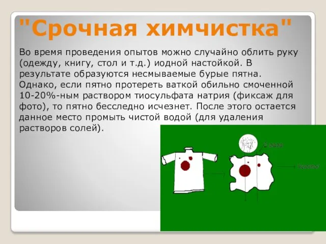 "Срочная химчистка" Во время проведения опытов можно случайно облить руку