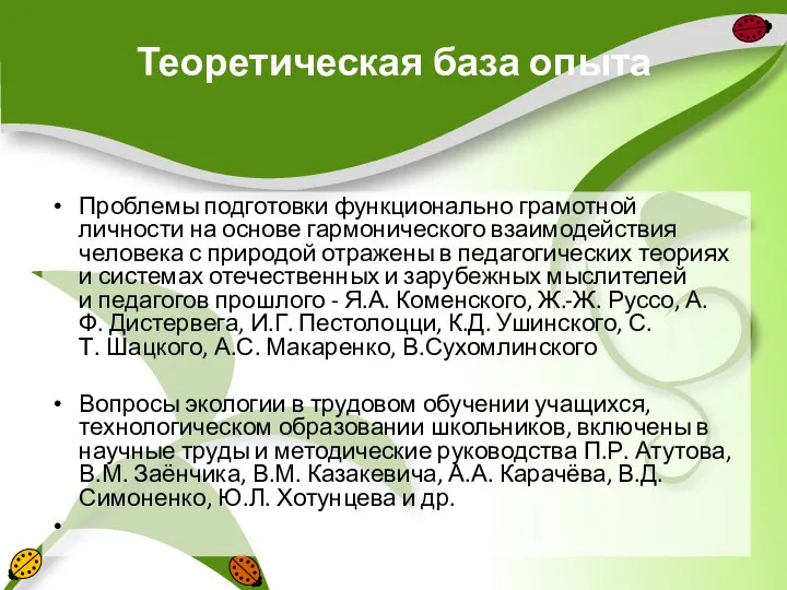 Теоретическая база опыта Проблемы подготовки функционально грамотной личности на основе