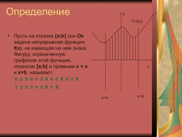 Определение Пусть на отрезке [а;b] оси Ох задана непрерывная функция f(x), не имеющая