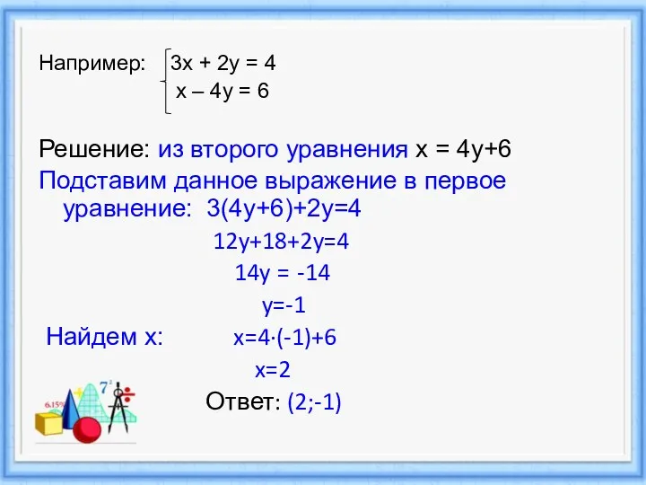 Например: 3х + 2у = 4 х – 4у = 6 Решение: из