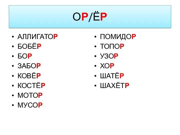 ОР/ЁР АЛЛИГАТОР БОБЁР БОР ЗАБОР КОВЁР КОСТЁР МОТОР МУСОР ПОМИДОР ТОПОР УЗОР ХОР ШАТЁР ШАХЁТР