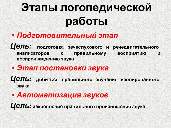 Этапы логопедической работы Подготовительный этап Цель: подготовка речеслухового и речедвигательного