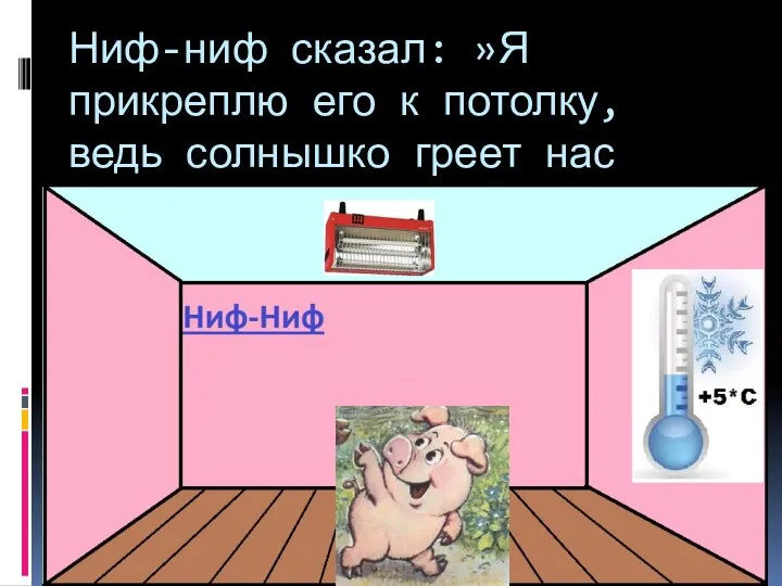 Ниф-ниф сказал: »Я прикреплю его к потолку, ведь солнышко греет нас сверху».