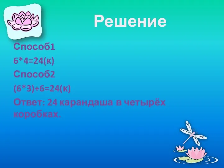 Решение Способ1 6*4=24(к) Способ2 (6*3)+6=24(к) Ответ: 24 карандаша в четырёх коробках.