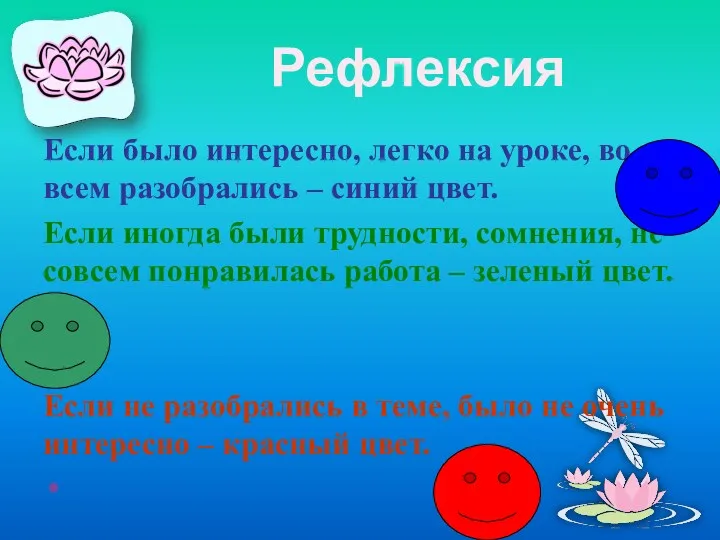 Рефлексия Если было интересно, легко на уроке, во всем разобрались