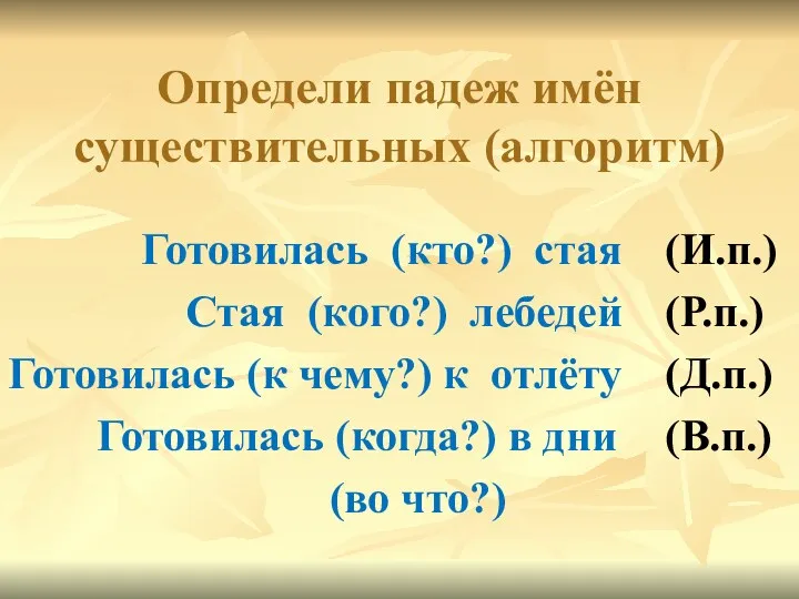 Определи падеж имён существительных (алгоритм) Готовилась (кто?) стая Стая (кого?)