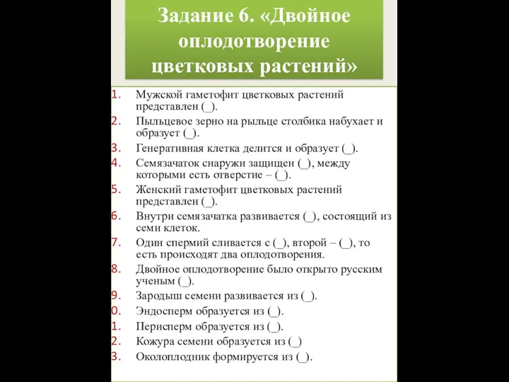 Задание 6. «Двойное оплодотворение цветковых растений» Мужской гаметофит цветковых растений