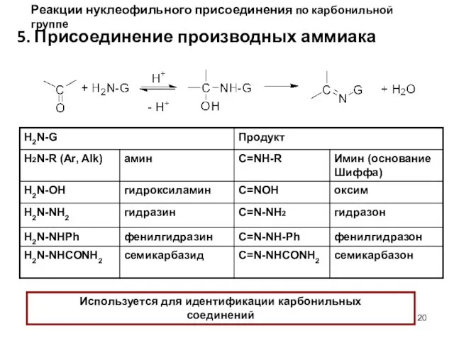 5. Присоединение производных аммиака Используется для идентификации карбонильных соединений Реакции нуклеофильного присоединения по карбонильной группе