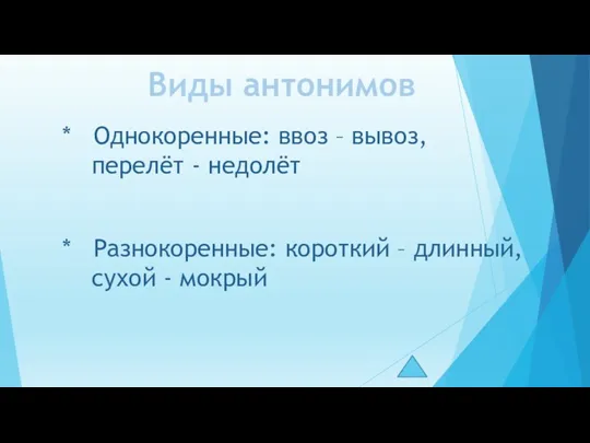 Виды антонимов * Однокоренные: ввоз – вывоз, перелёт - недолёт * Разнокоренные: короткий