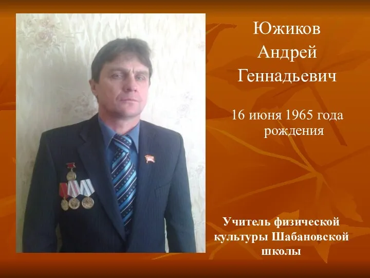 Южиков Андрей Геннадьевич 16 июня 1965 года рождения Учитель физической культуры Шабановской школы