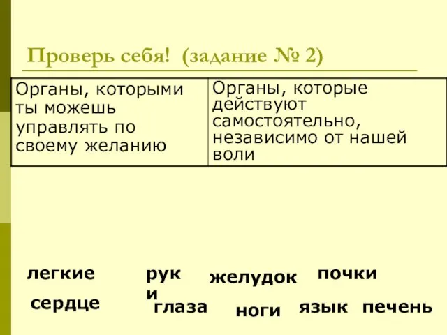 Проверь себя! (задание № 2) сердце печень руки ноги глаза язык почки легкие желудок