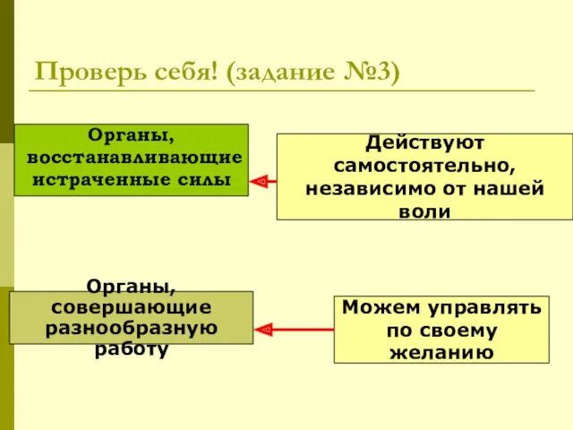 Проверь себя! (задание №3) Органы, восстанавливающие истраченные силы Органы, совершающие