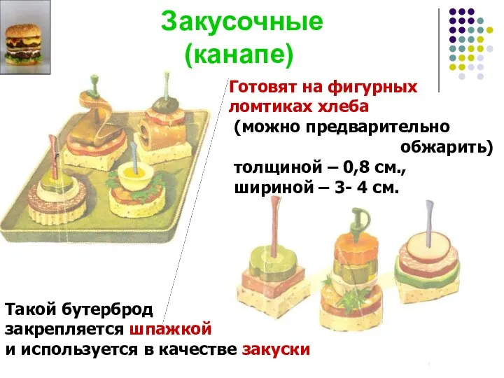 Закусочные (канапе) Готовят на фигурных ломтиках хлеба (можно предварительно обжарить)