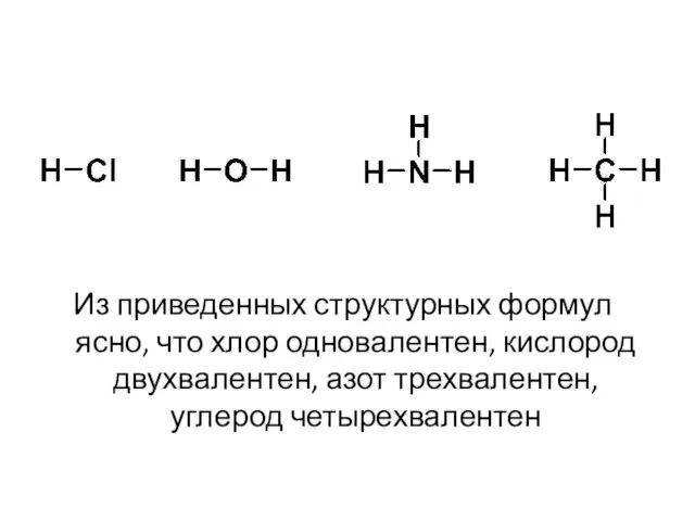 Из приведенных структурных формул ясно, что хлор одновалентен, кислород двухвалентен, азот трехвалентен, углерод четырехвалентен
