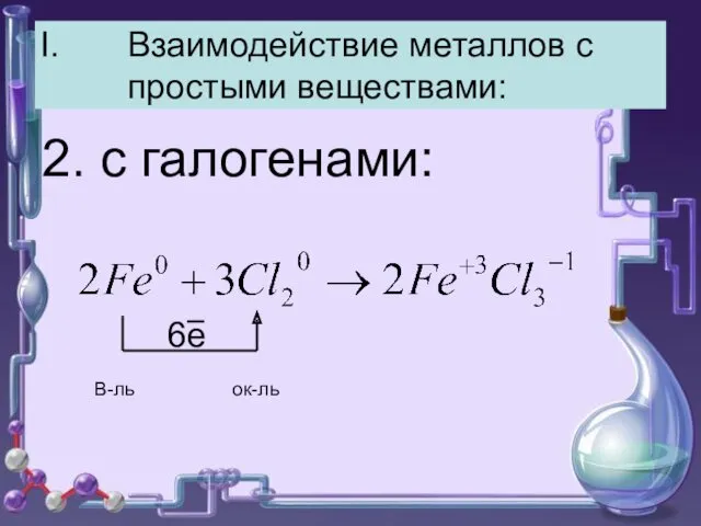 Взаимодействие металлов с простыми веществами: 2. с галогенами: В-ль ок-ль