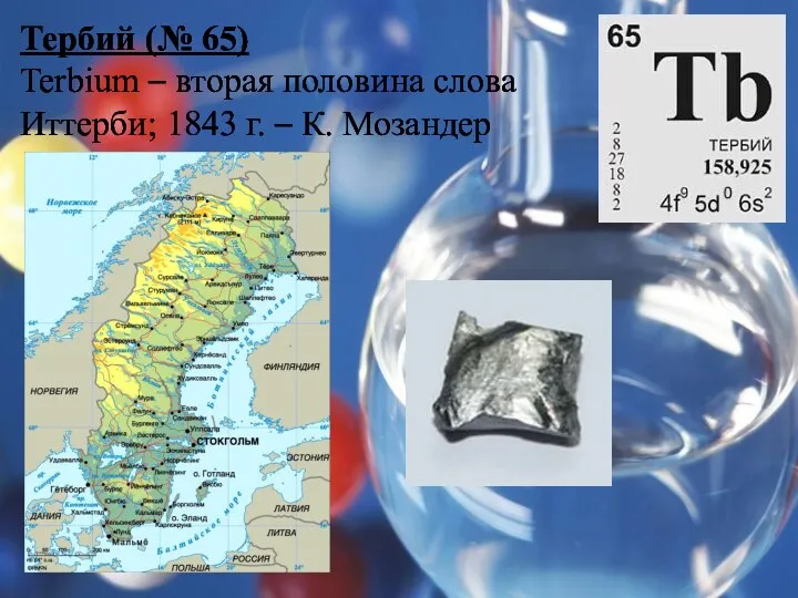 Тербий (№ 65) Terbium – вторая половина слова Иттерби; 1843 г. – К. Мозандер