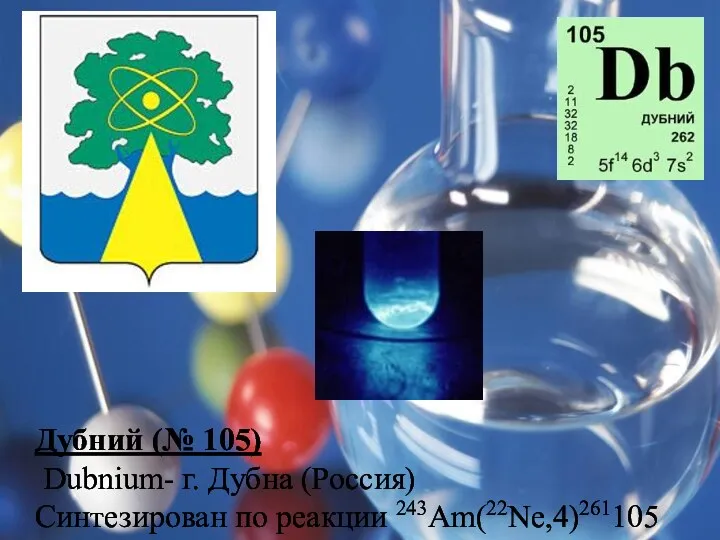 Дубний (№ 105) Dubnium- г. Дубна (Россия) Синтезирован по реакции 243Am(22Ne,4)261105