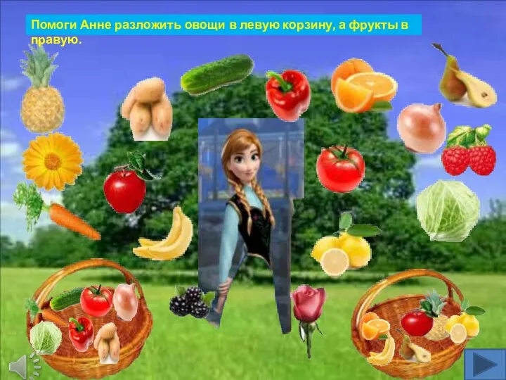 Помоги Анне разложить овощи в левую корзину, а фрукты в правую.