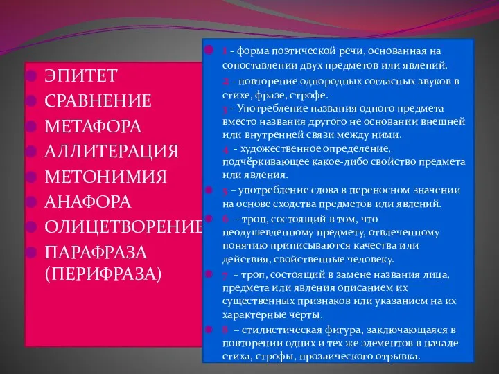 ЭПИТЕТ СРАВНЕНИЕ МЕТАФОРА АЛЛИТЕРАЦИЯ МЕТОНИМИЯ АНАФОРА ОЛИЦЕТВОРЕНИЕ ПАРАФРАЗА (ПЕРИФРАЗА) 1