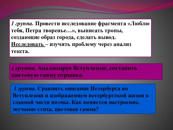 1 группа. Провести исследование фрагмента «Люблю тебя, Петра творенье…», выписать