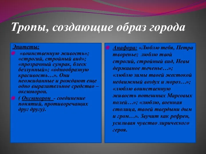 Тропы, создающие образ города Эпитеты: «воинственную живость»; «строгий, стройный вид»;