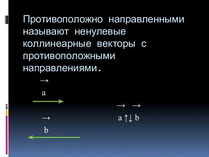 Противоположно направленными называют ненулевые коллинеарные векторы с противоположными направлениями. →