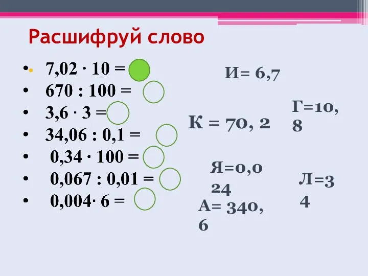 Расшифруй слово К = 70, 2 И= 6,7 Г=10,8 А= 340, 6 Л=34 Я=0,024