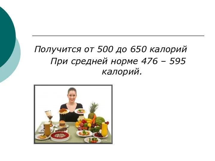 Получится от 500 до 650 калорий При средней норме 476 – 595 калорий.