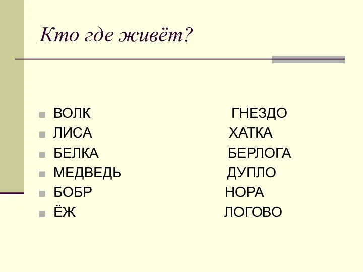 Кто где живёт? ВОЛК ГНЕЗДО ЛИСА ХАТКА БЕЛКА БЕРЛОГА МЕДВЕДЬ ДУПЛО БОБР НОРА ЁЖ ЛОГОВО