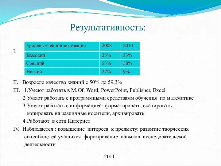 Результативность: I. II. Возросло качество знаний с 50% до 59,3%