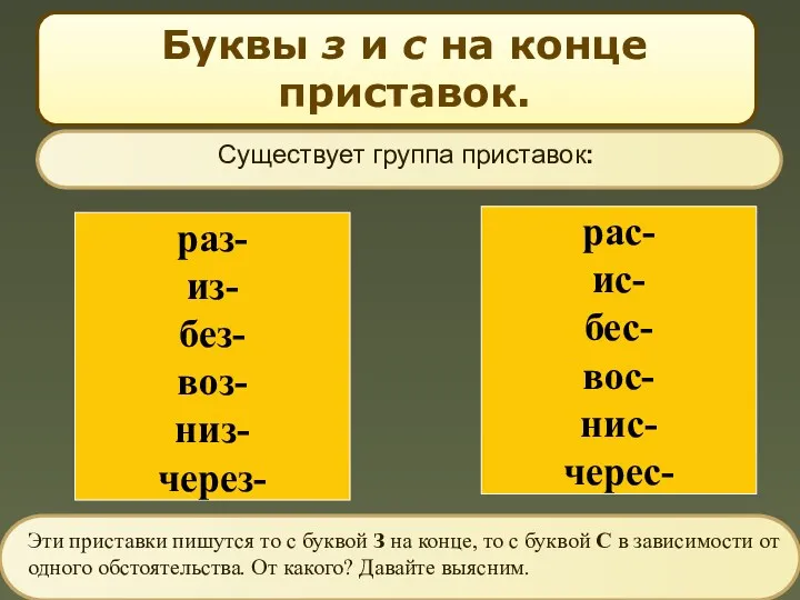 Буквы з и с на конце приставок. раз- из- без-