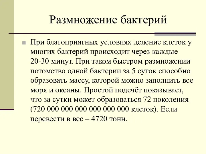 Размножение бактерий При благоприятных условиях деление клеток у многих бактерий