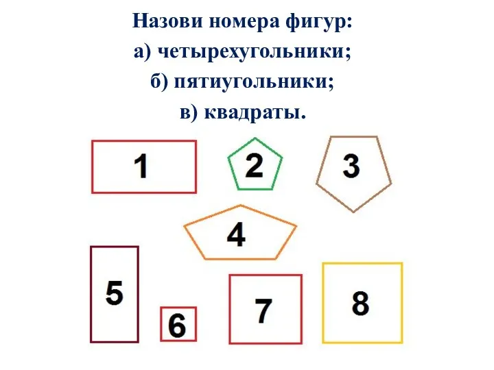 Назови номера фигур: а) четырехугольники; б) пятиугольники; в) квадраты.
