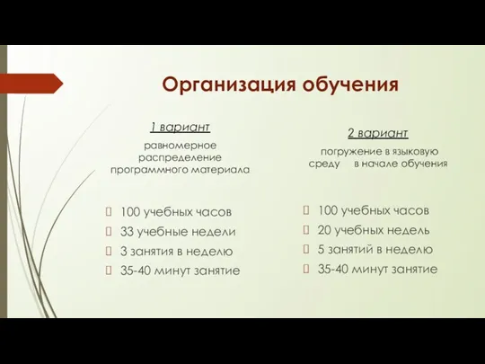 Организация обучения 1 вариант равномерное распределение программного материала 100 учебных часов 33 учебные