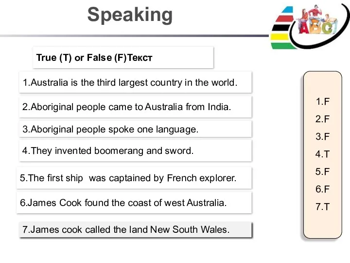 Speaking True (T) or False (F)Текст 2.Aboriginal people came to