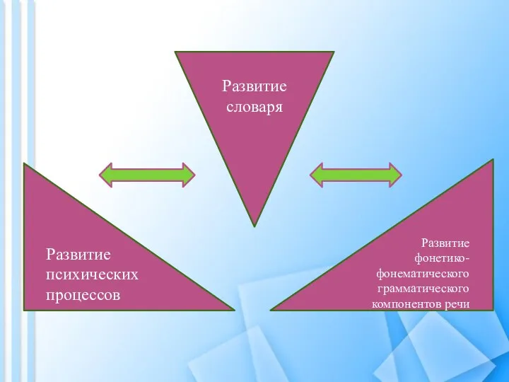 Развитие словаря Развитие психических процессов Развитие фонетико-фонематического грамматического компонентов речи