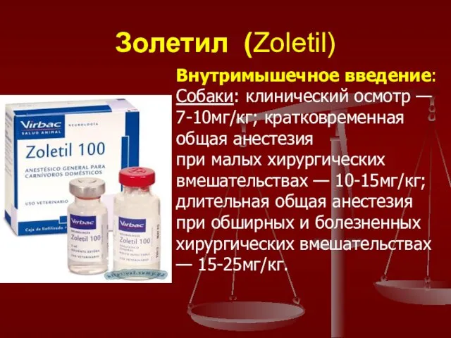 Золетил (Zoletil) Внутримышечное введение: Собаки: клинический осмотр — 7-10мг/кг; кратковременная