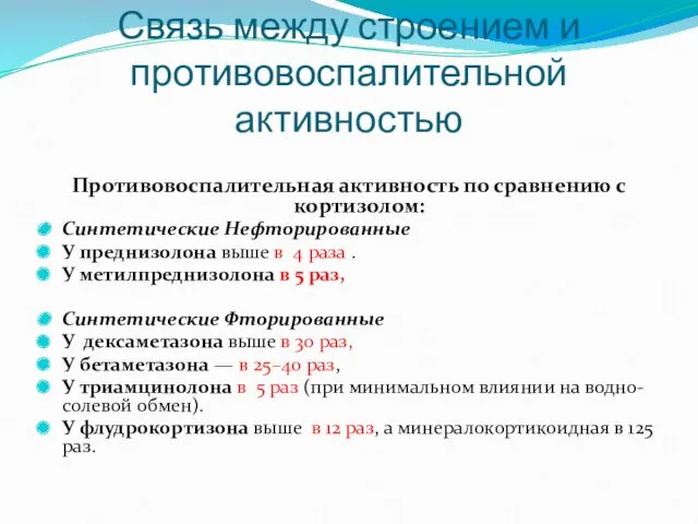 Противовоспалительная активность по сравнению с кортизолом: Синтетические Нефторированные У преднизолона