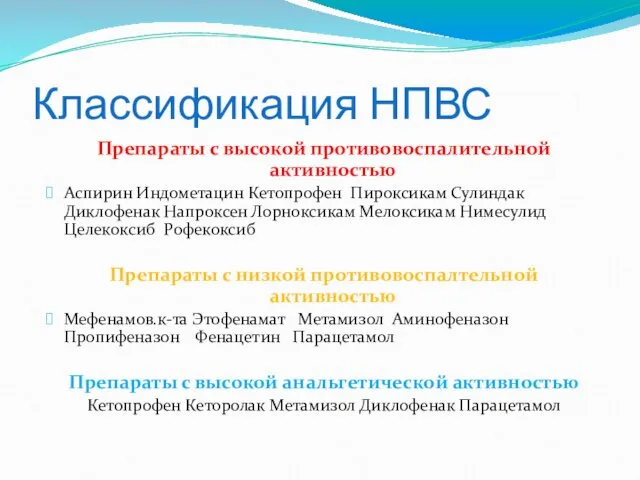 Классификация НПВС Препараты с высокой противовоспалительной активностью Аспирин Индометацин Кетопрофен