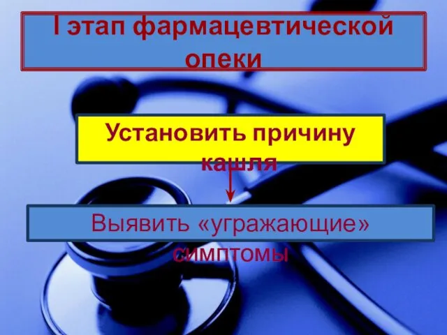 І этап фармацевтической опеки Установить причину кашля Выявить «угражающие» симптомы