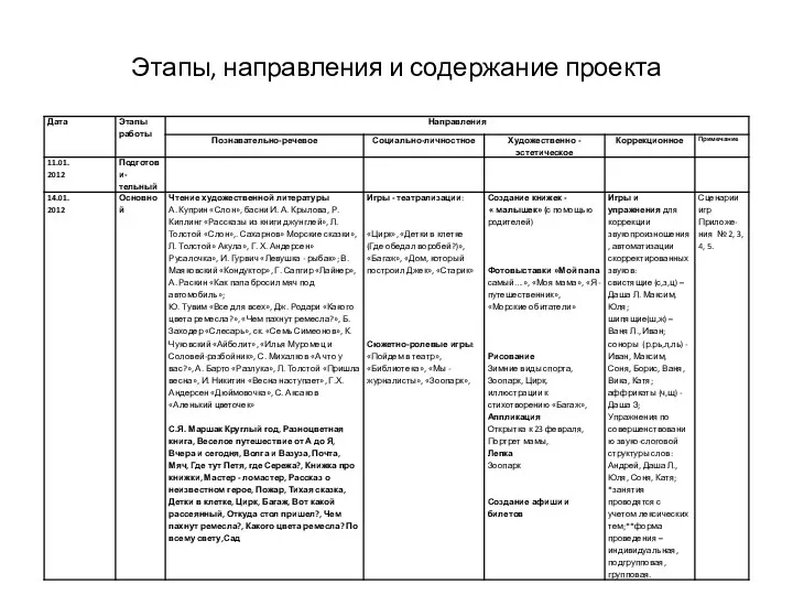 Этапы, направления и содержание проекта