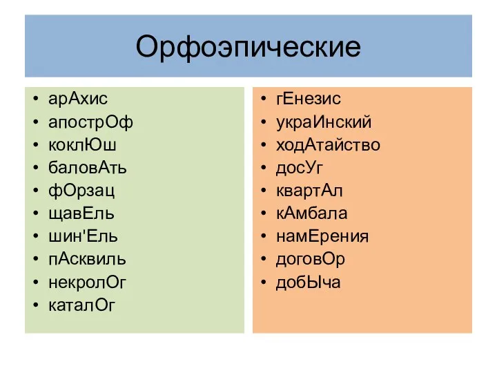 Орфоэпические арАхис апострОф коклЮш баловАть фОрзац щавЕль шин'Ель пАсквиль некролОг