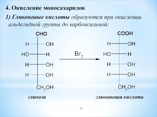 4. Окисление моносахаридов 1) Гликоновые кислоты образуются при окислении альдегидной группы до карбоксильной: глюкоза глюконовая кислота