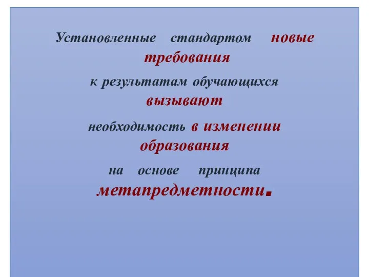 Установленные стандартом новые требования к результатам обучающихся вызывают необходимость в изменении образования на основе принципа метапредметности.