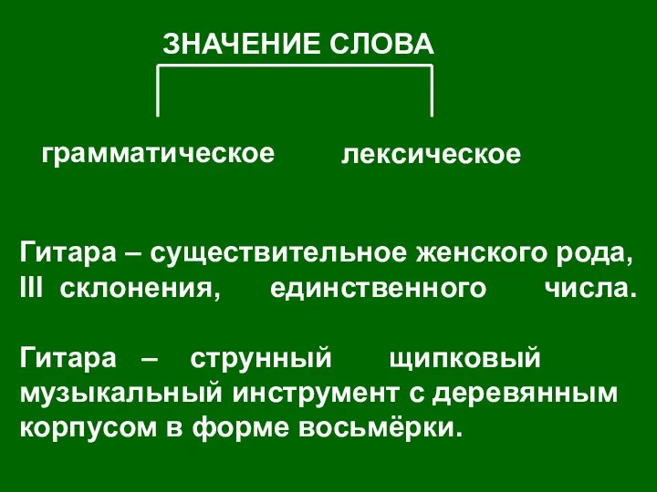 ЗНАЧЕНИЕ СЛОВА грамматическое лексическое Гитара – существительное женского рода, III