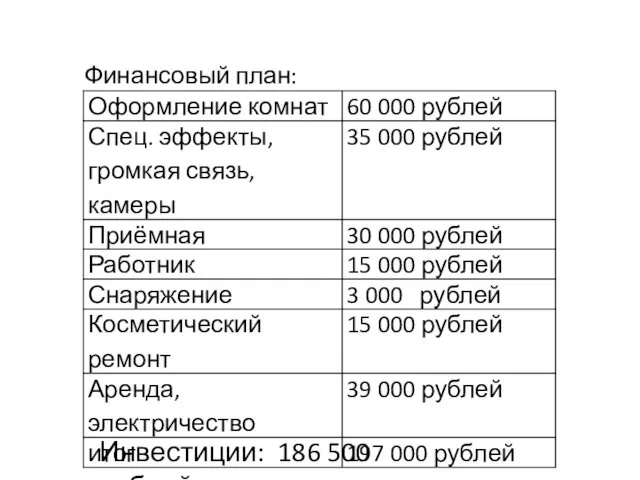 Финансовый план: Инвестиции: 186 500 рублей