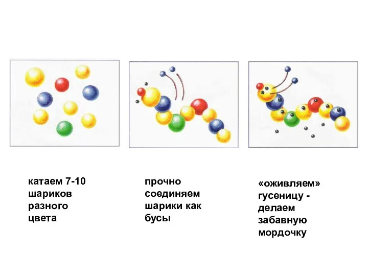 катаем 7-10 шариков разного цвета прочно соединяем шарики как бусы «оживляем» гусеницу -делаем забавную мордочку